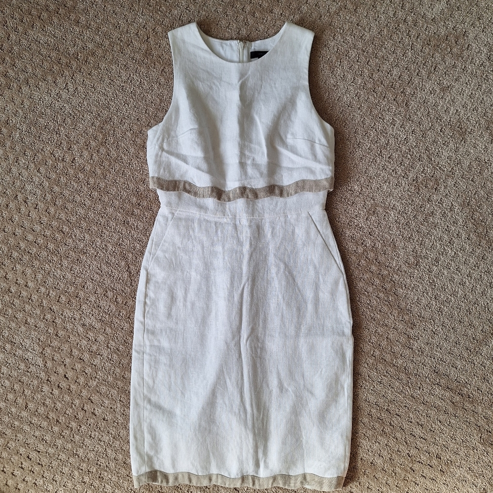 J. Crew 100% LINEN white and beige lined scalloped dress pockets Womans size 2